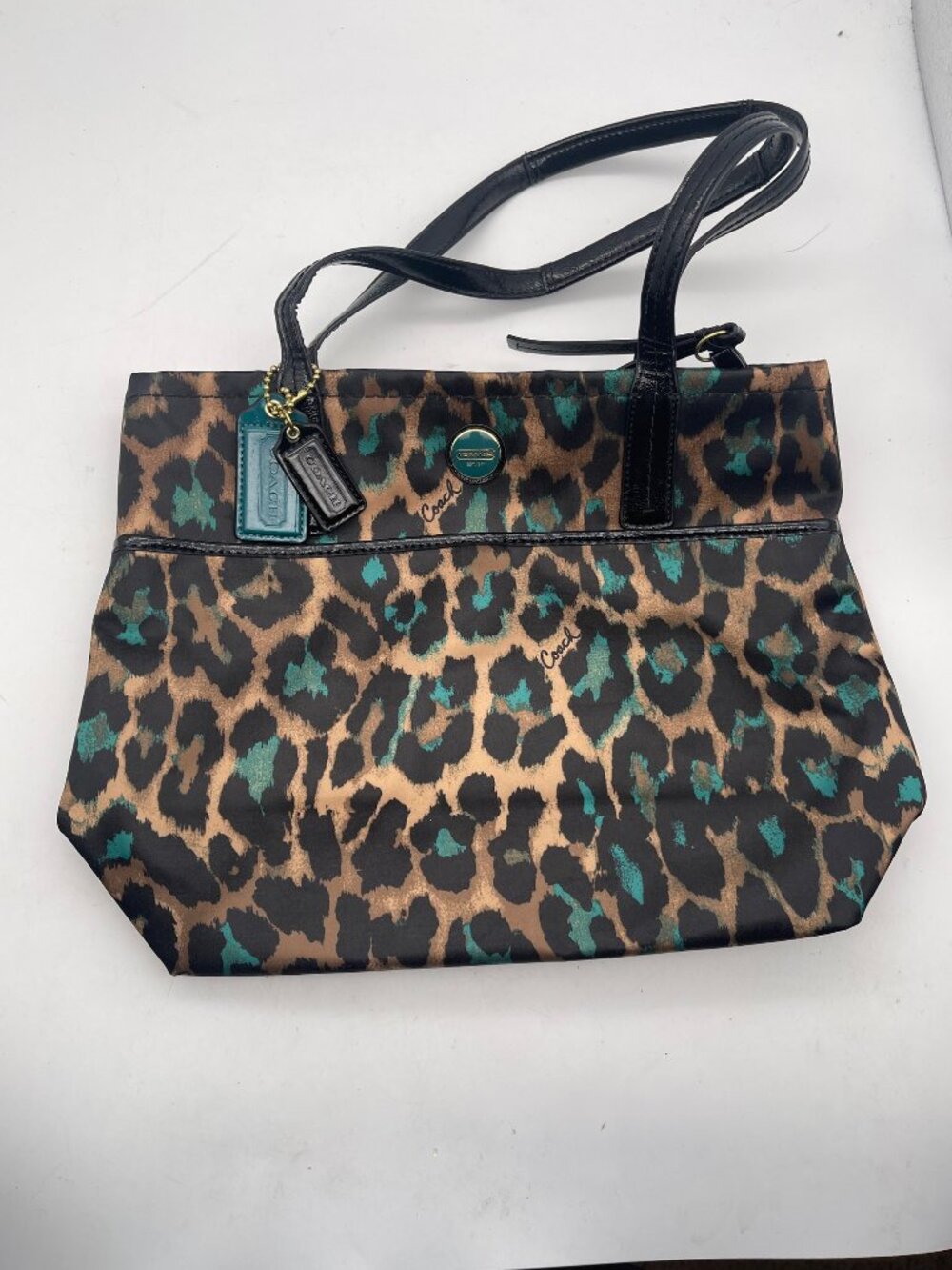 Coach Signature Stripe Ocelot Tote Purse Teal Black Animal Print F25282 Y2K